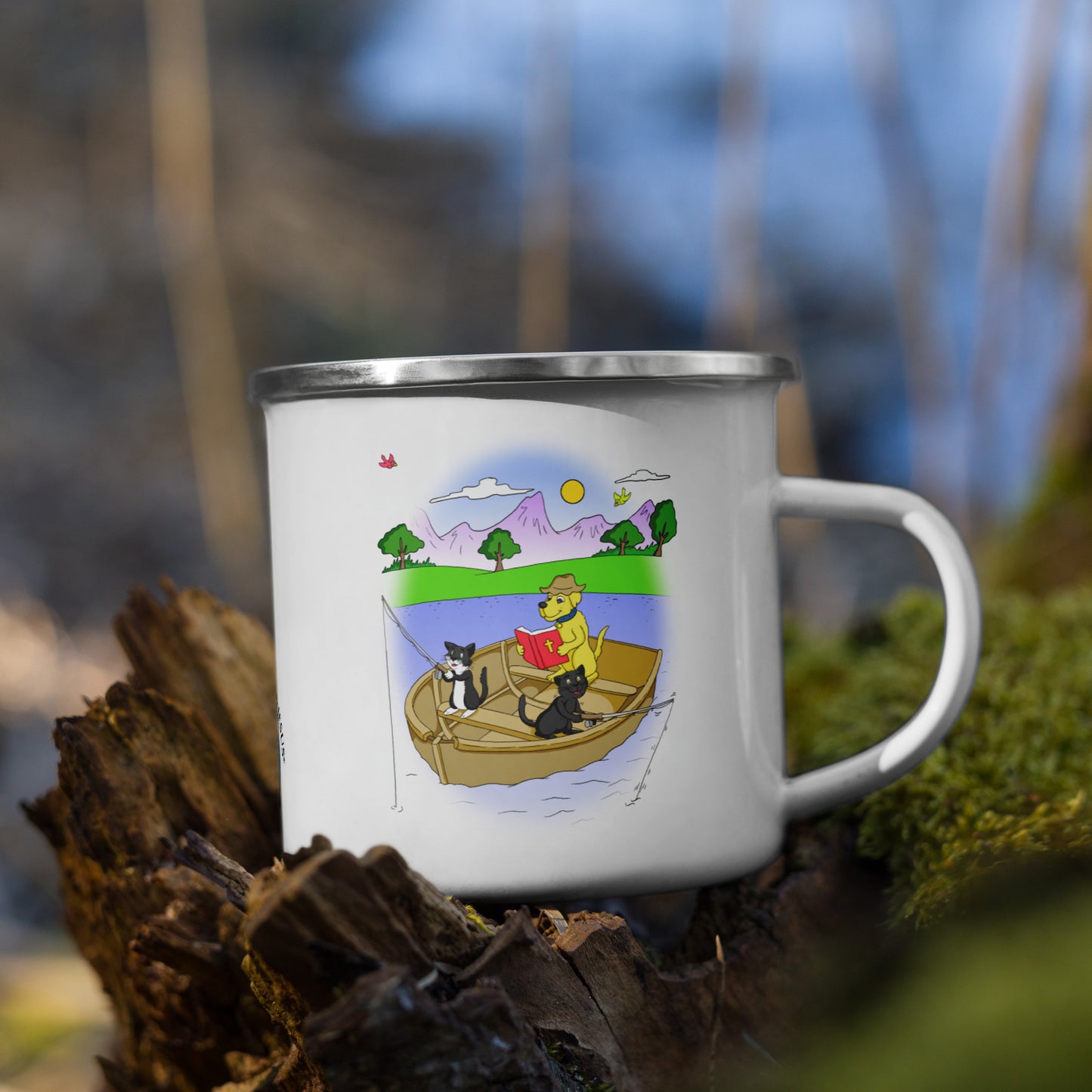 Pooks, Boots and Jesus Fishing Camper Enamel Mug