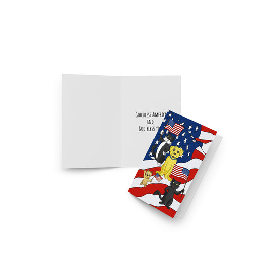 Pooks, Boots and Jesus Red White and Blue Flag Greeting card