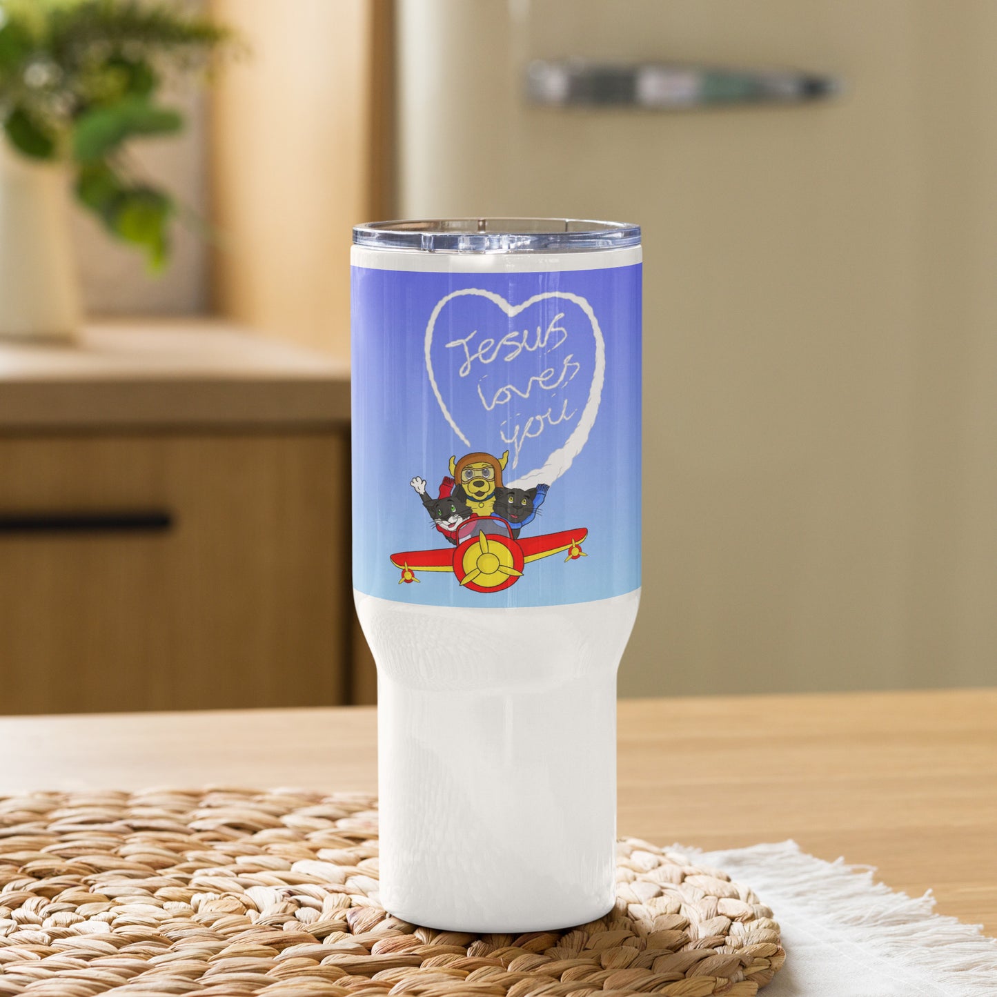 Pooks, Boots and Jesus Airplane Travel mug with a handle