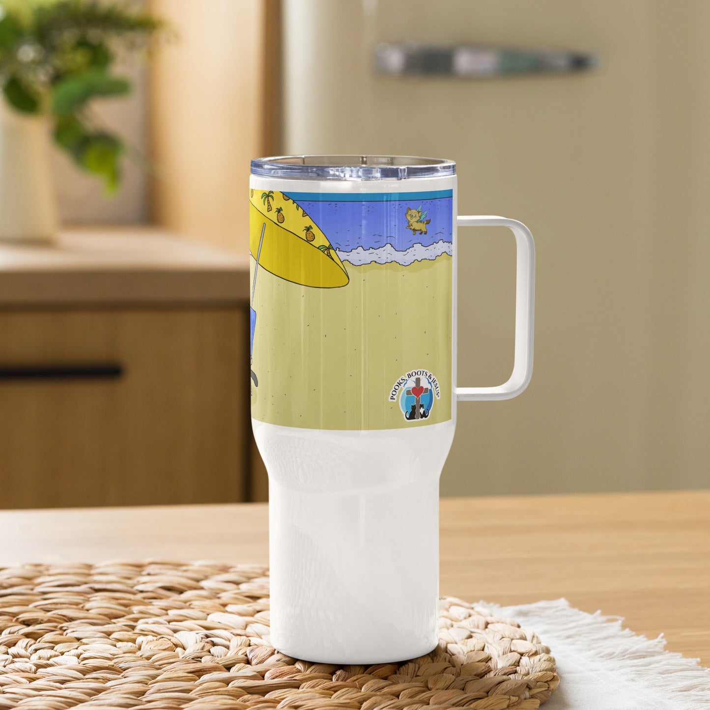 Pooks, Boots and Jesus Beach Travel mug with a handle