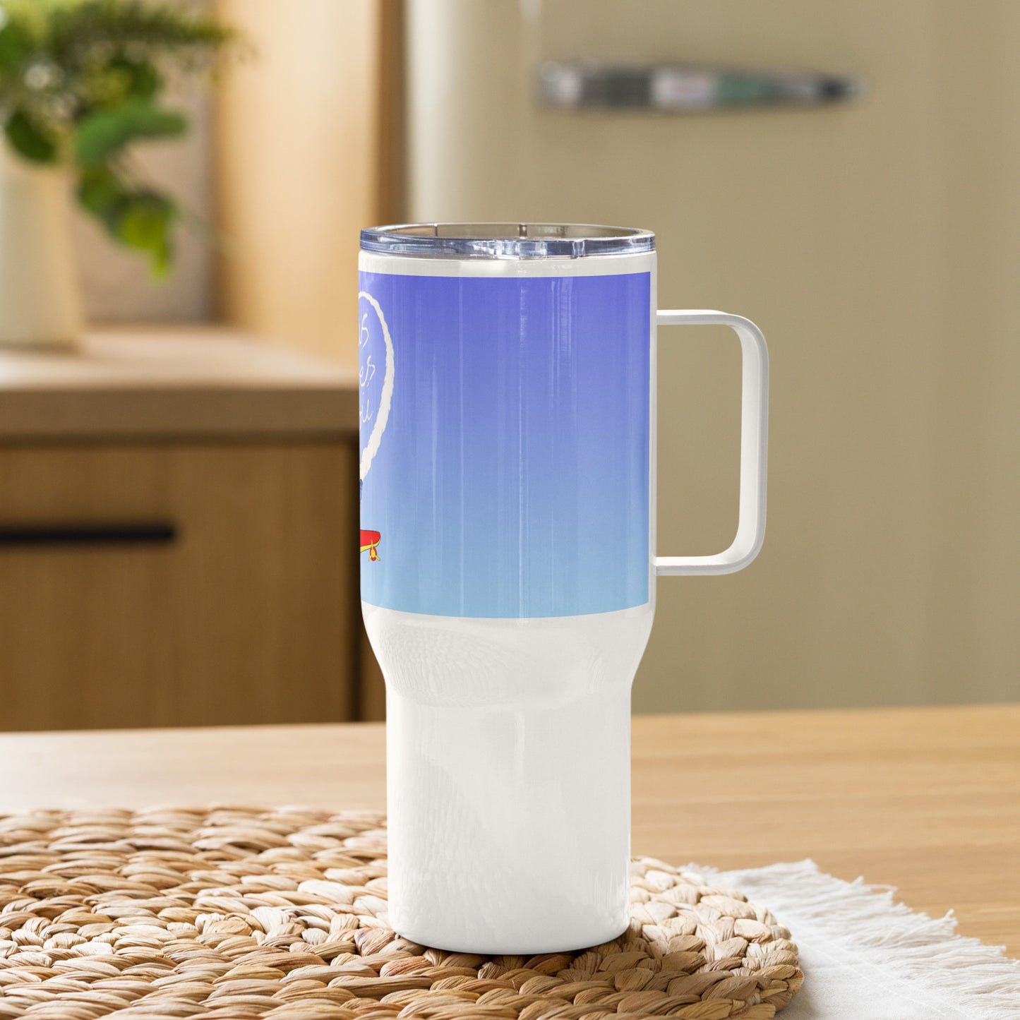 Pooks, Boots and Jesus Airplane Travel mug with a handle