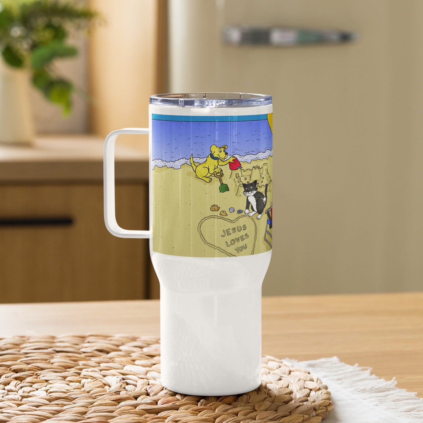 Pooks, Boots and Jesus Beach Travel mug with a handle