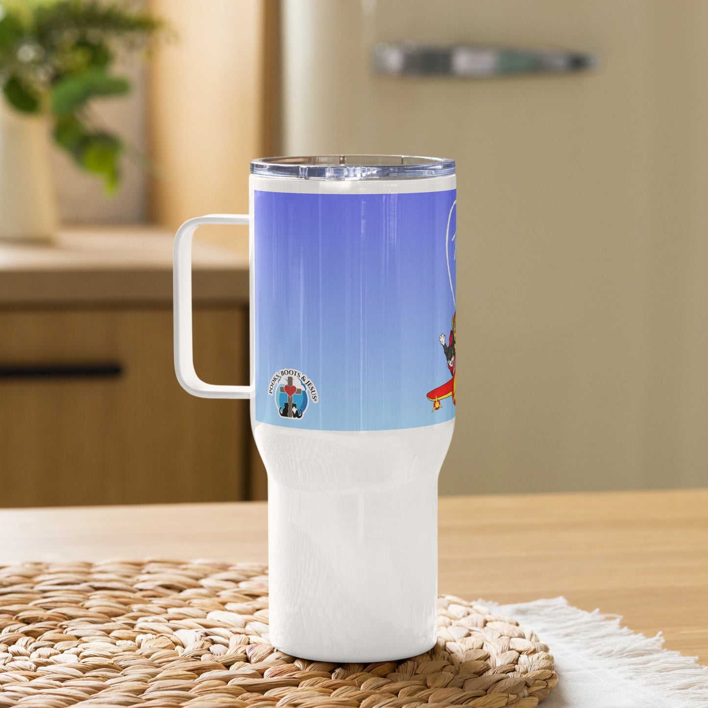 Pooks, Boots and Jesus Airplane Travel mug with a handle
