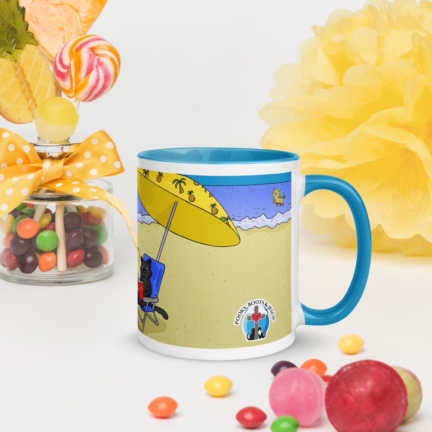 Pooks, Boots and Jesus Beach Mug with Color Inside