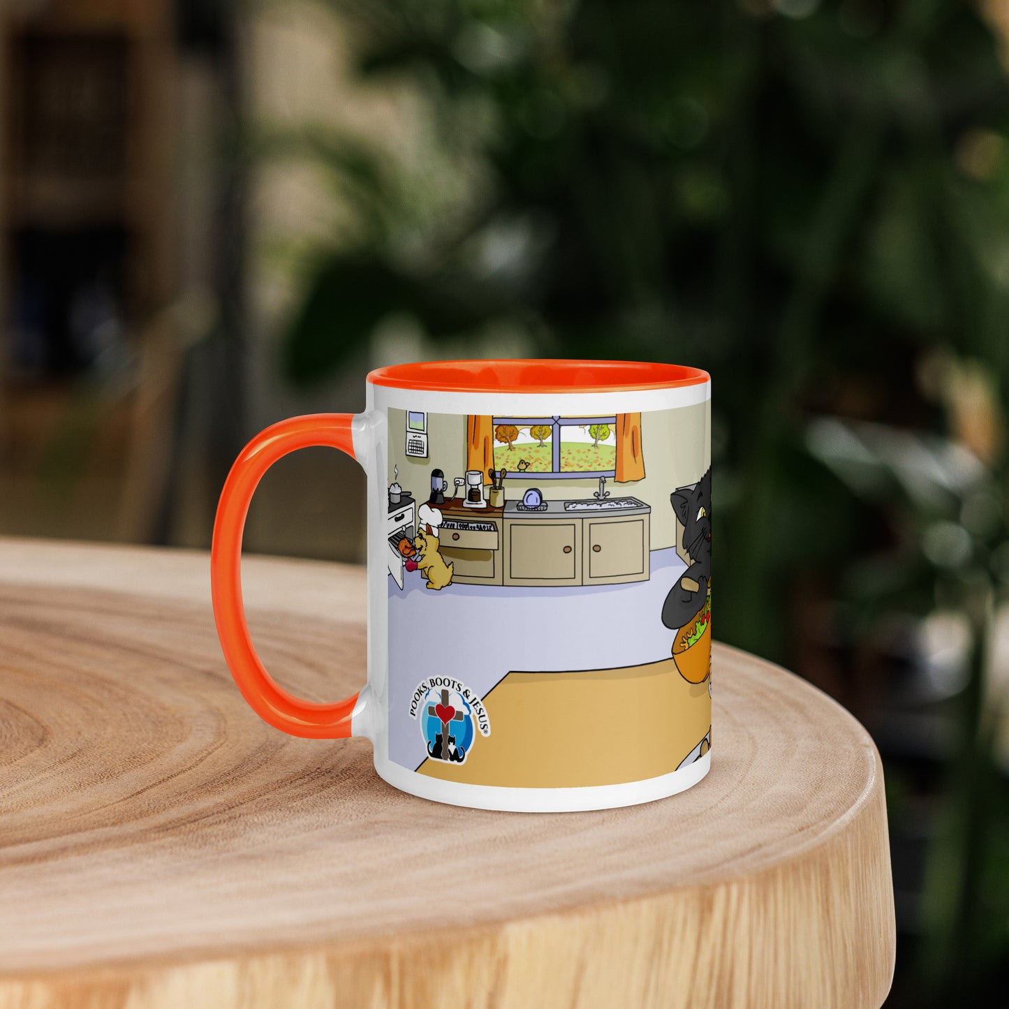 Pooks, Boots and Jesus Thanksgiving Mug with Color Inside