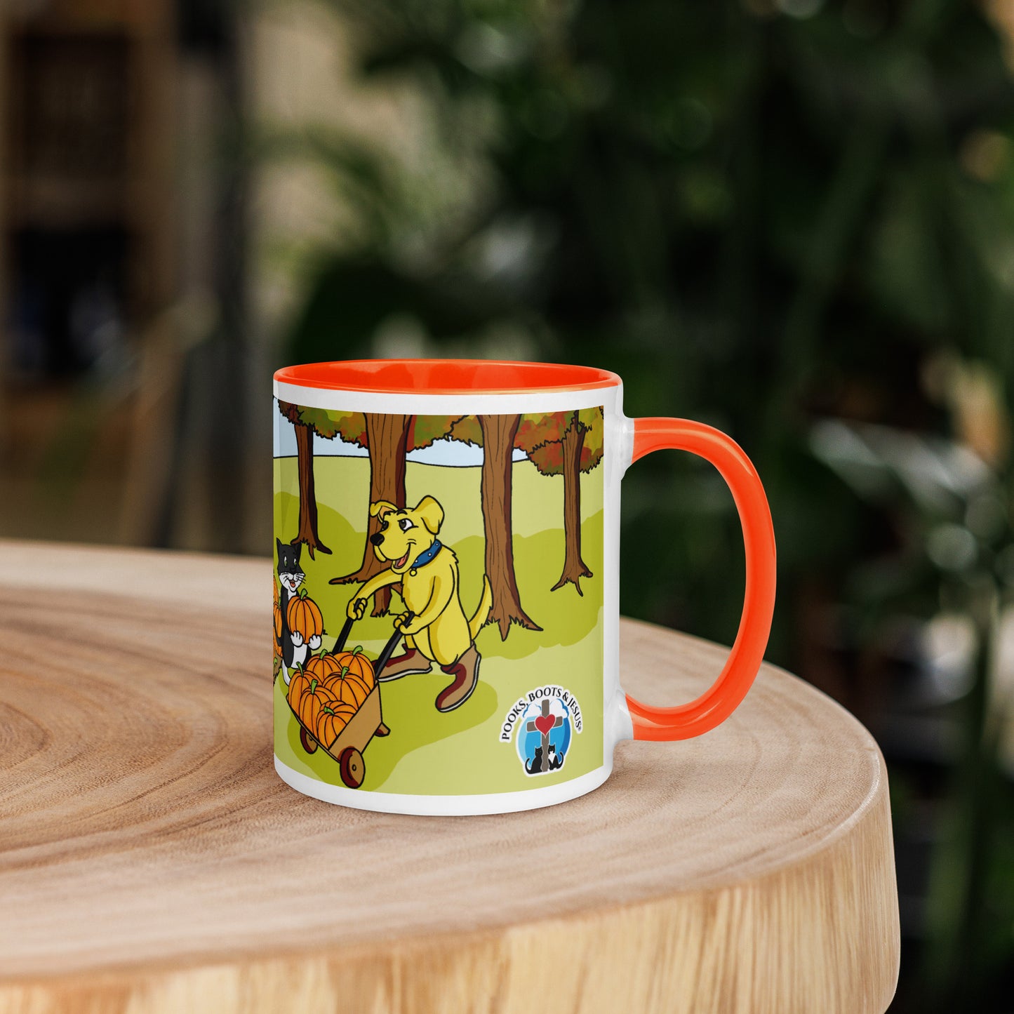 Pooks, Boots and Jesus Pumpkin Patch Mug with Color Inside