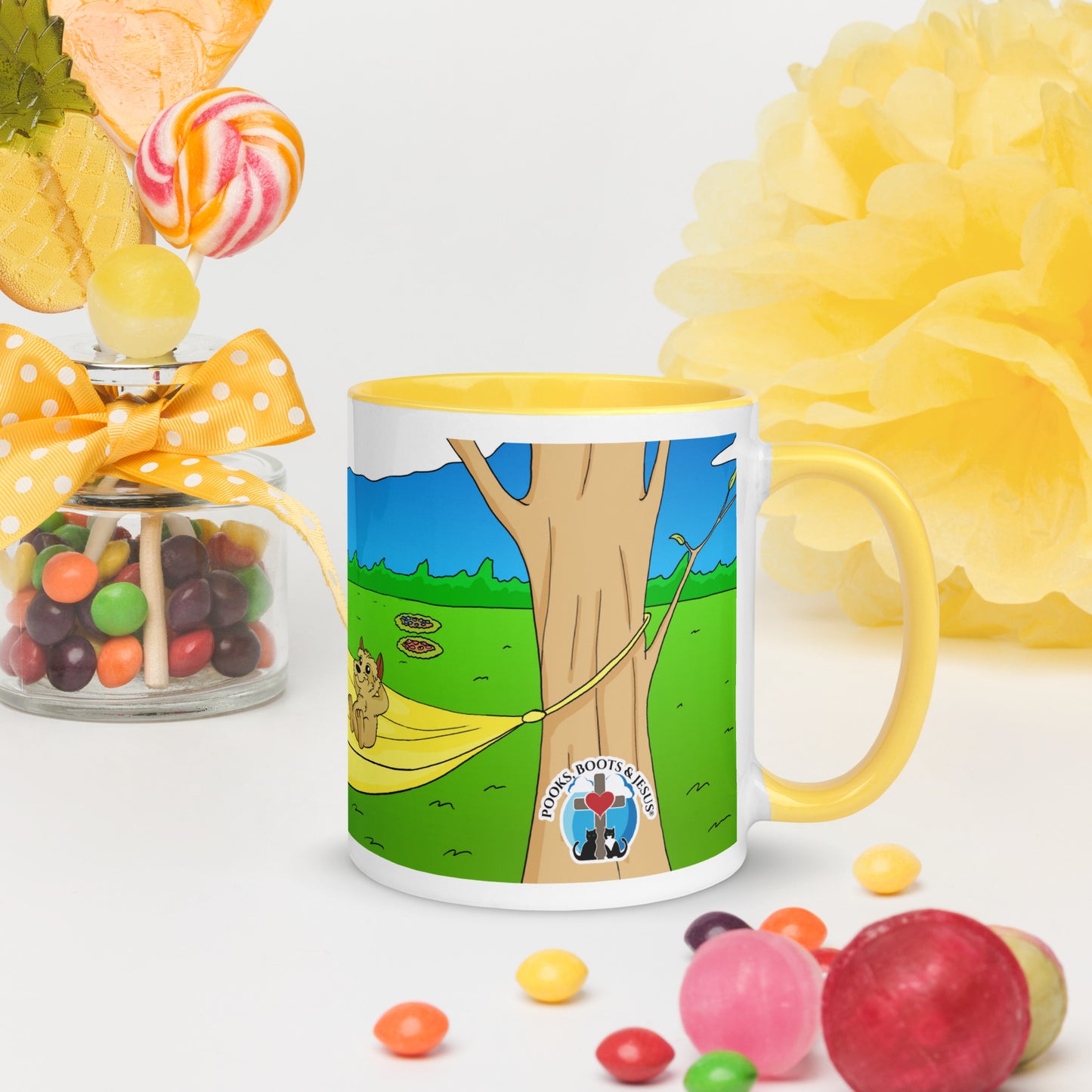 Pooks, Boots and Jesus Relaxing Mug with Color Inside