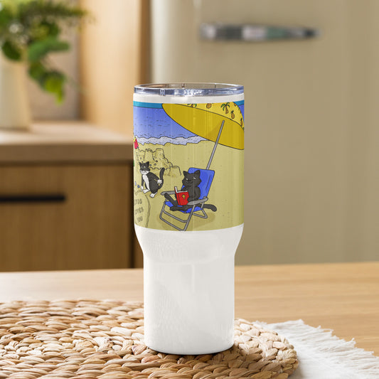 Pooks, Boots and Jesus Beach Travel mug with a handle