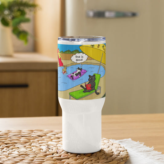 Pooks, Boots and Jesus Summer Fun Travel mug with a handle