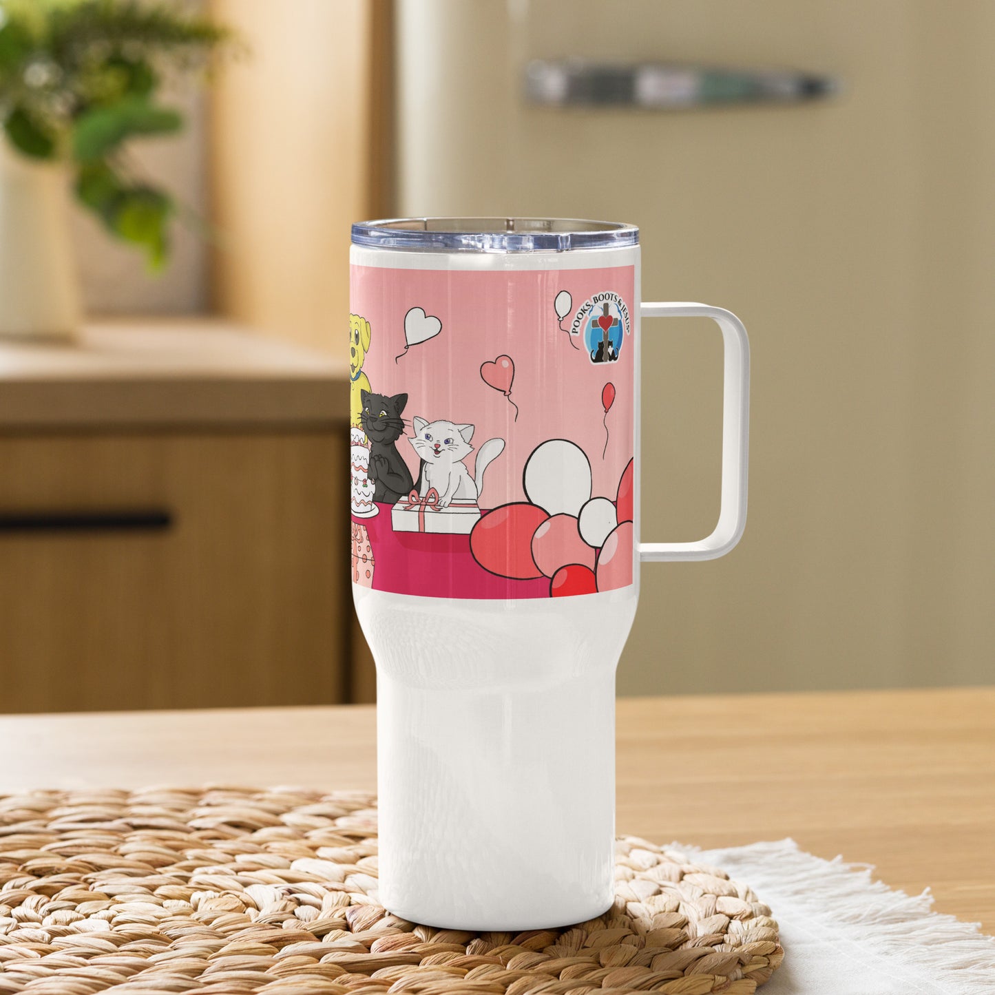 Pooks, Boots and Jesus Celebration Travel mug with a handle