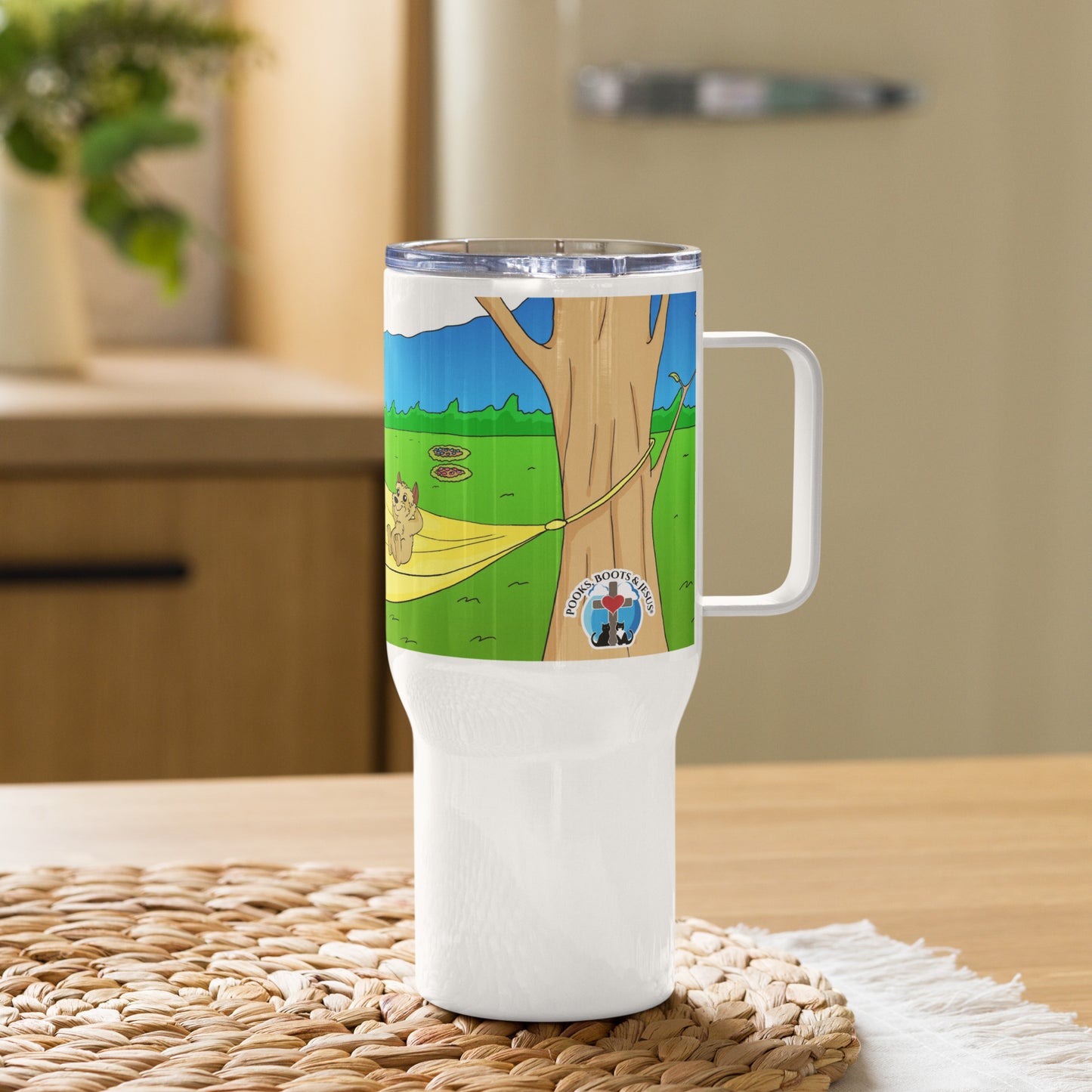 Pooks, Boots and Jesus Relaxing Travel mug with a handle