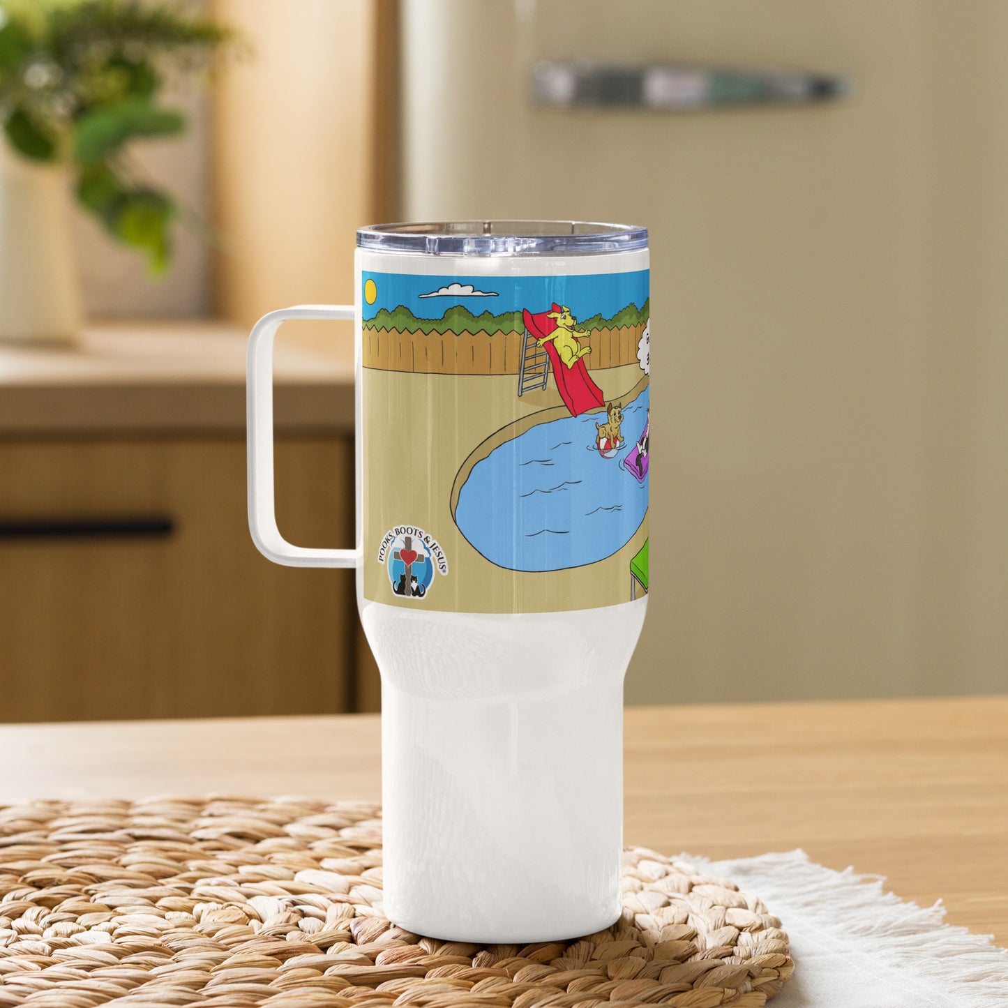 Pooks, Boots and Jesus Summer Fun Travel mug with a handle