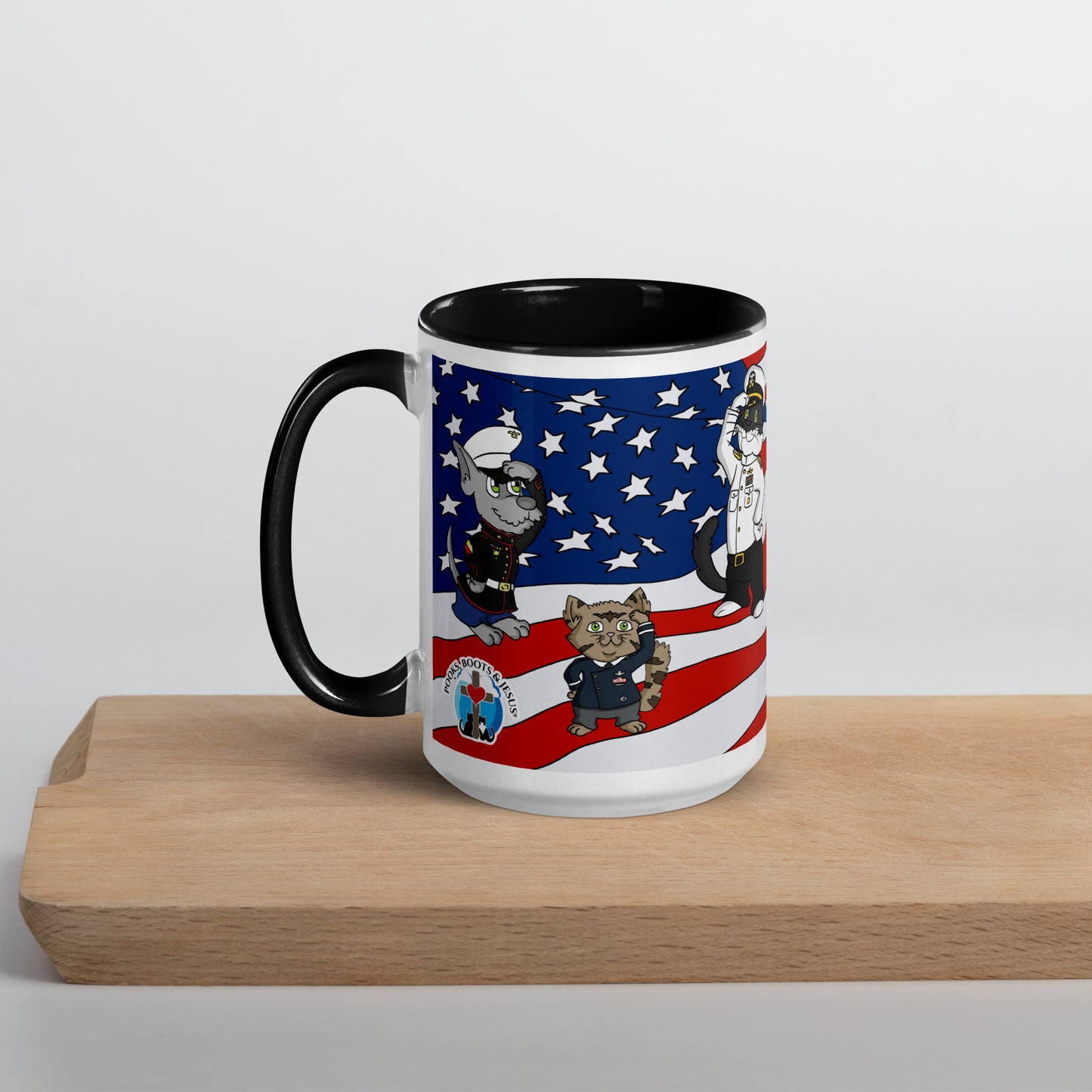 Pooks, Boots and Jesus Red White and Blue Mug with Color Inside