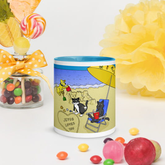 Pooks, Boots and Jesus Beach Mug with Color Inside