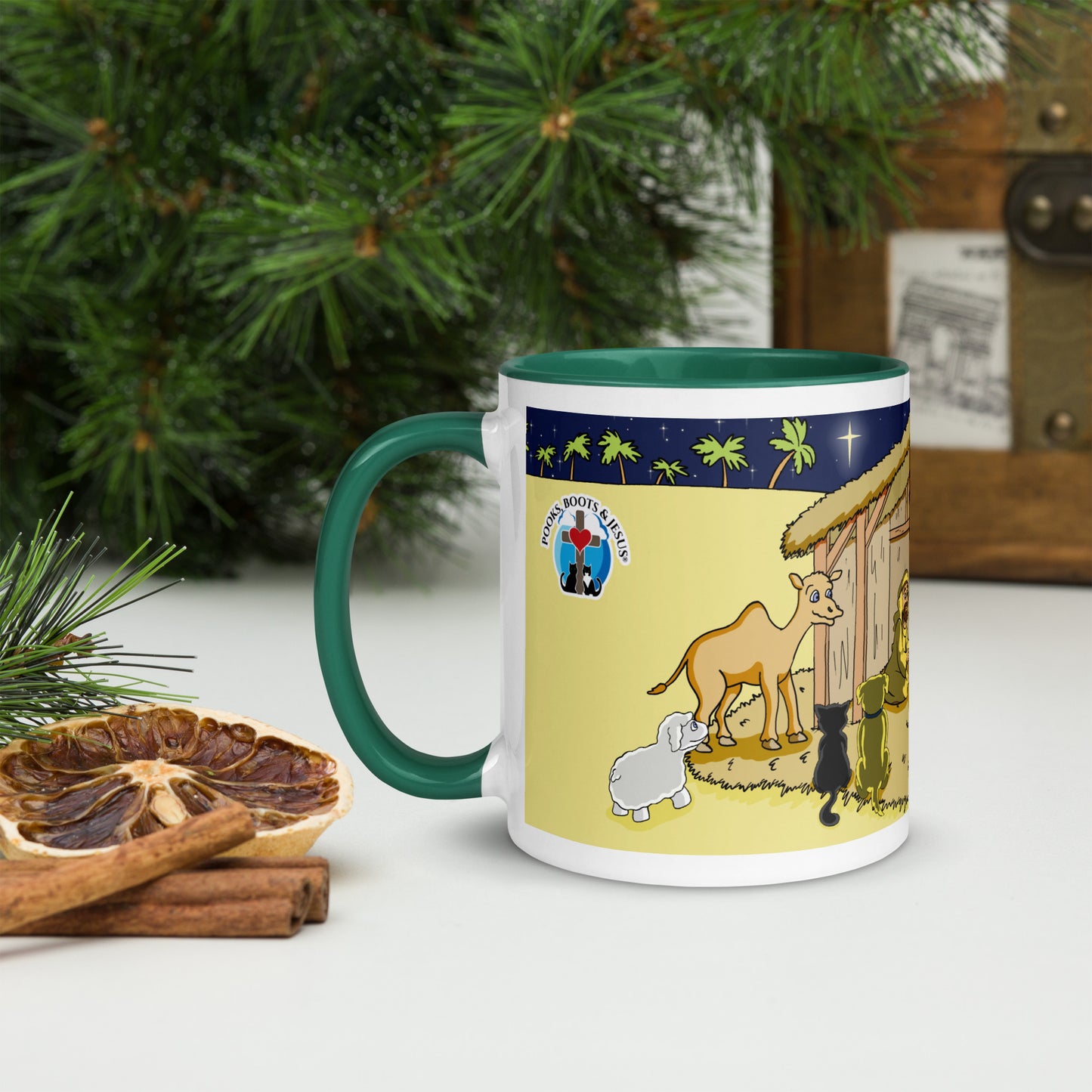 Pooks, Boots and Jesus Christmas Nativity Mug with Color Inside