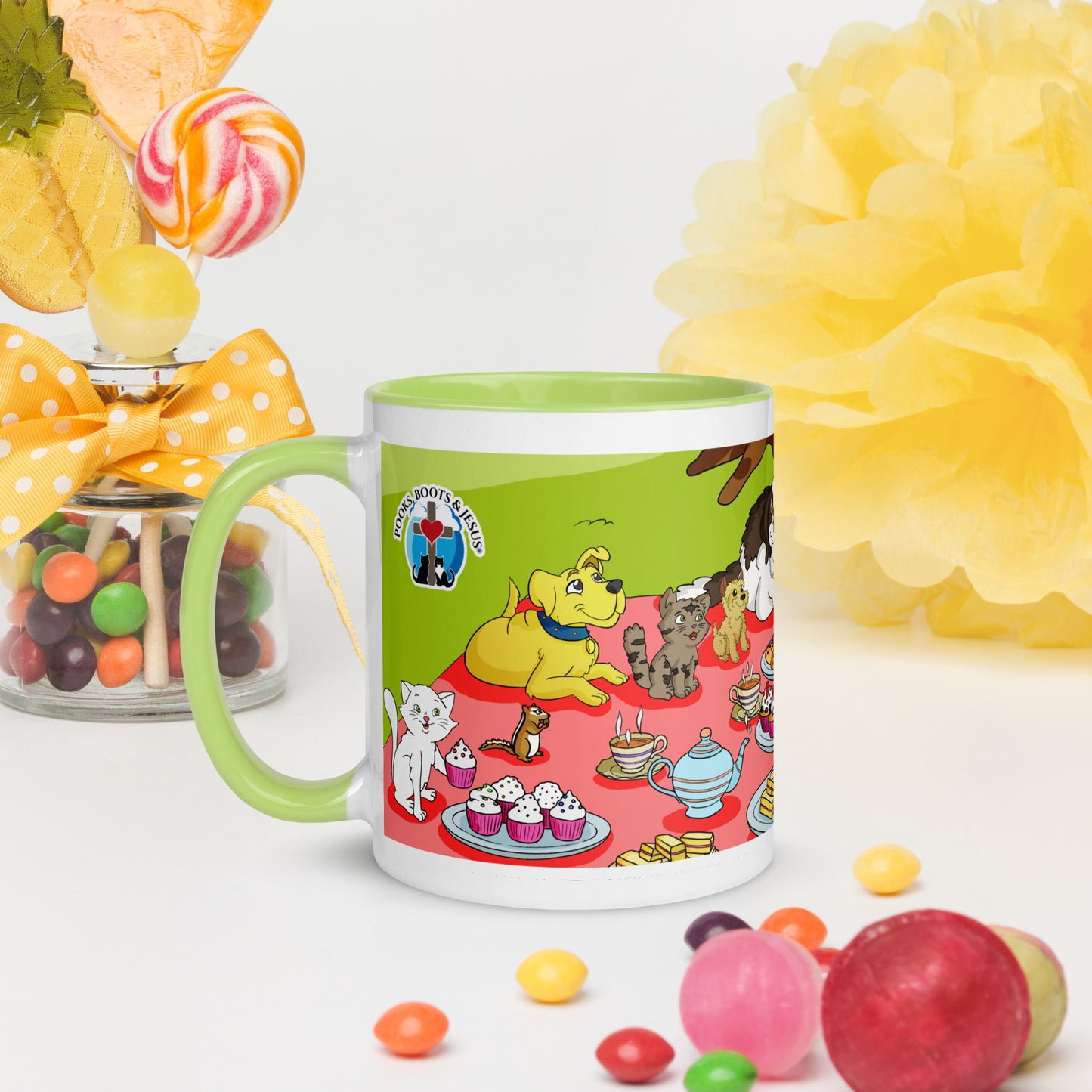 Pooks, Boots and Jesus Tea Party Mug with Color Inside