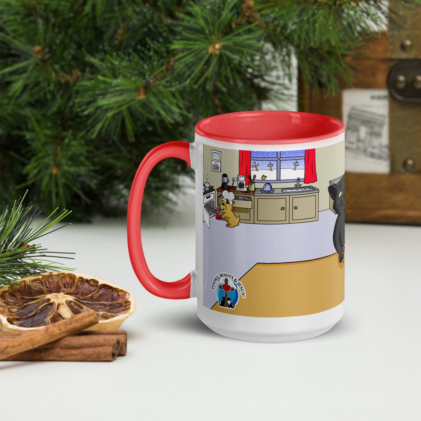 Pooks, Boots and Jesus Christmas Gingerbread Mug with Color Inside